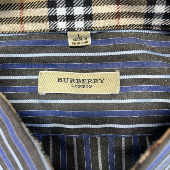 Burberry London Shirt Men’s Large Brown Blue Striped Button Up Made in England - Picture 5 of 14